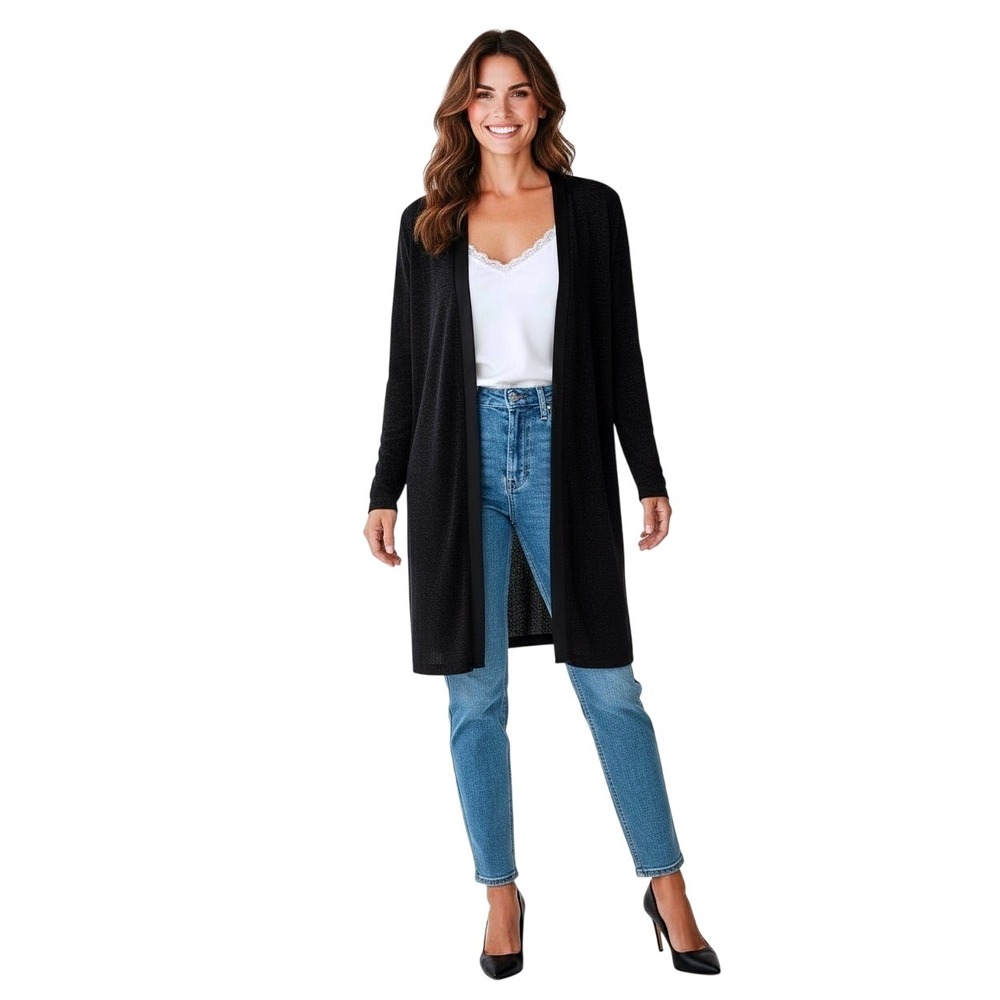 Nina Leonard‎ Black Sparkle Metallic Fiber Cardigan Duster Open Front 2XT